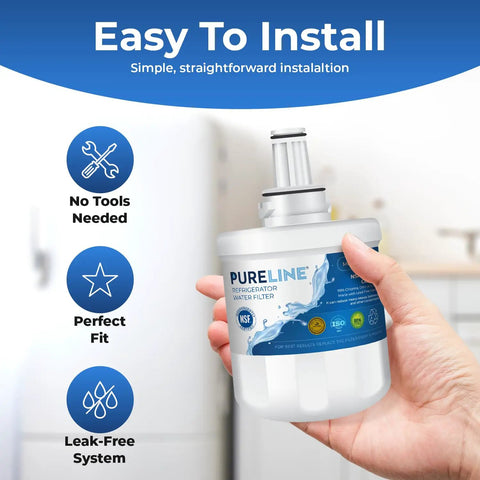 Person holding Easy Install PureLine Replacement Water Filter For Samsung Refrigerators Fits DA29-00003G series with features shown.