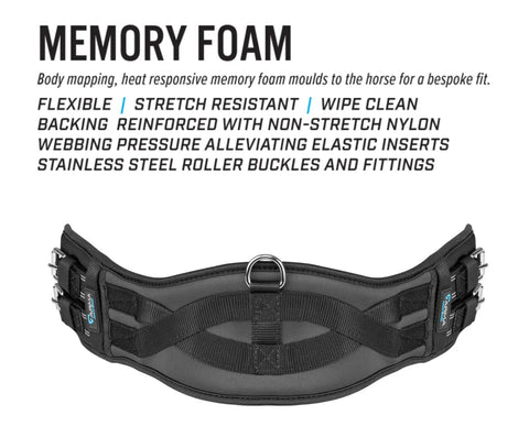 Memory Foam Dressage Girth With Shock Absorbing Comfort And Anatomic Contour For A Bespoke Fit Non Stretch Nylon Webbing And Pressure Relieving Elastic Inserts At Both Ends With Stainless Steel Roller Buckles 26 Inch black memory foam dressage girth with steel buckles and elastic inserts