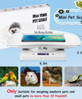 Portable Pet Scale With Tray LCD Digital Weighing Scale Up To 33 Lbs for small pets shown with dimensions and packaging