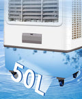 Heavy Duty Portable Swamp Cooler With 750 Watt Motor And 23 Point 7 Gallon Tank with 50L water capacity and wheels for easy movement.