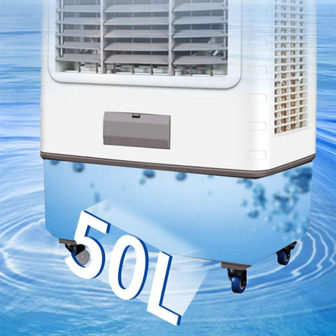 Heavy Duty Portable Swamp Cooler With 750 Watt Motor And 23 Point 7 Gallon Tank with 50L water capacity and wheels for easy movement.