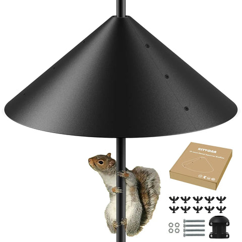 19 Inch Metal Squirrel Baffle For Bird Feeder Poles And Shepherds Hook Heavy Duty Outdoor Guard Chew Proof And Rust Resistant Squirrel Proof Bird Feeders Weatherproof Yard Protection showing squirrel climbing pole with baffle in place.