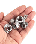 Pro Grade Stainless Steel Flange Nuts Kit With Serrated Hex Lock Nuts Assorted Metric Sizes M3 Through M12 pieces in hand