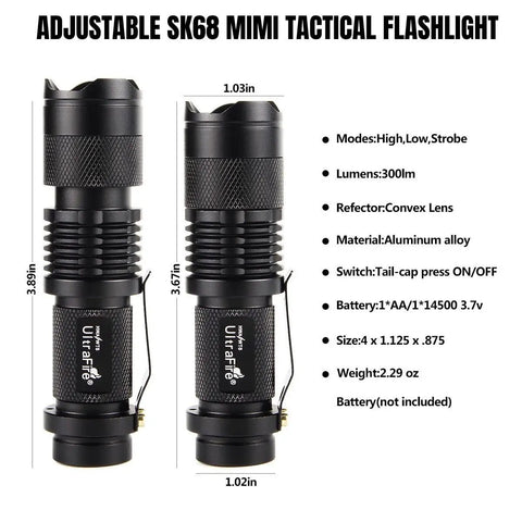 Three Pack Mini Flashlights With Focus Adjustable SK68 Single Mode Tactical LED Light Ultra Bright 300 Lumens Torch Built Tough IPX6 Water Resistant Aluminum Body