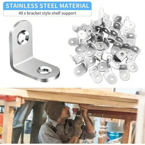 Straight Up Solid Stainless Steel Corner Braces Black Right Angle Brackets 40 Pack With 80 Screws for shelving and DIY upgrades.