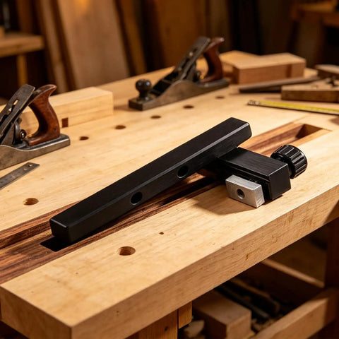 Beefy T Slot Stop Block 80 By 10 Mm With 25 Mm Slider Hand Tightening Fence Stops for woodworking setup on wooden workbench.