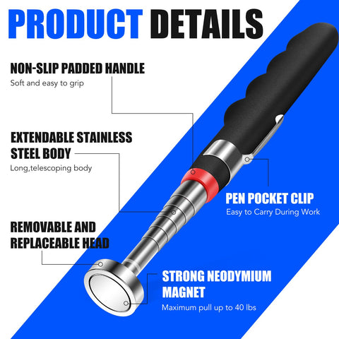 Extendable Telescoping Magnetic Pick Up Tool With 31 Inch Reach And Extra Strong Magnet For Quick Grabs In Tight Spaces, 40 Lb Pull