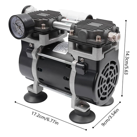 Heavy Duty Oilless Vacuum Pump That Runs Like A Dream With 50 Liters Per Minute Output And 150 Watt Pure Copper Motor For No Nonsense Lab And Shop Work Featuring A Solid Pressure Gauge On 110 Volts showing dual piston and pressure gauge.