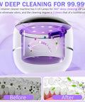 Pro Grade Deep Clean Ultrasonic Dental Cleaner 45kHz with UV lamps showing before and after cleaning results, purple light