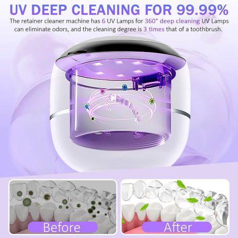 Pro Grade Deep Clean Ultrasonic Dental Cleaner 45kHz with UV lamps showing before and after cleaning results, purple light