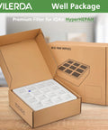 Open box with HyperHEPA Replacement Filter for IQAir HealthPro Series F1 H13 True HEPA, 3rd Stage, on wooden table