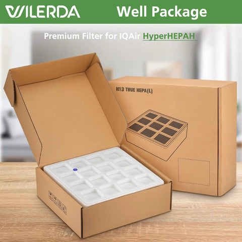 Open box with HyperHEPA Replacement Filter for IQAir HealthPro Series F1 H13 True HEPA, 3rd Stage, on wooden table