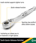 One Quarter Inch Drive Quick Release Ratchet With Teardrop Head For Tight Spaces, 72 Tooth Quick Engagement, Pro Grade Build, Tool in Detail