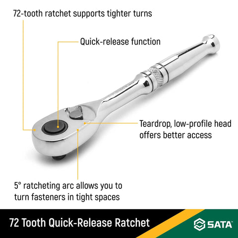 One Quarter Inch Drive Quick Release Ratchet With Teardrop Head For Tight Spaces, 72 Tooth Quick Engagement, Pro Grade Build, Tool in Detail