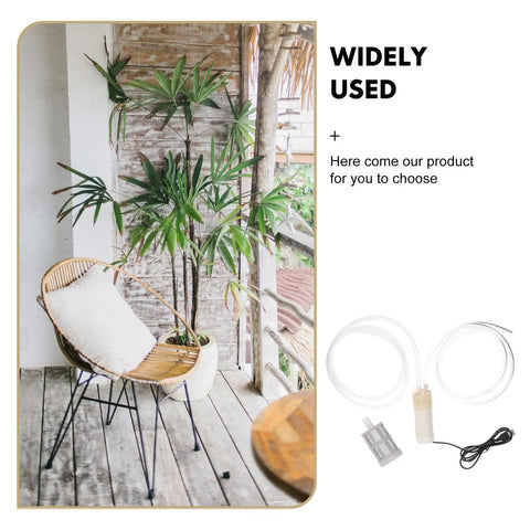 No Sweat 5V USB Portable Sump Water Pump That Handles Balcony And Terrace Flooding Like A Champ Compact Plastic Transfer Pump next to a chair on a patio.