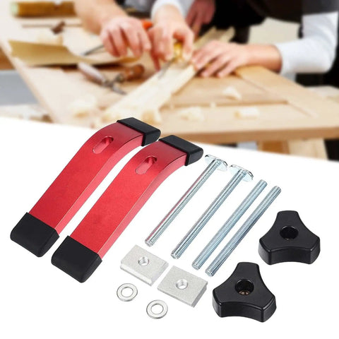 Heavy Duty 2 Pack Red Aluminum T Track Clamps For CNC Milling And Woodworking Quick Acting Hold Down Fixtures with bolts and hardware.