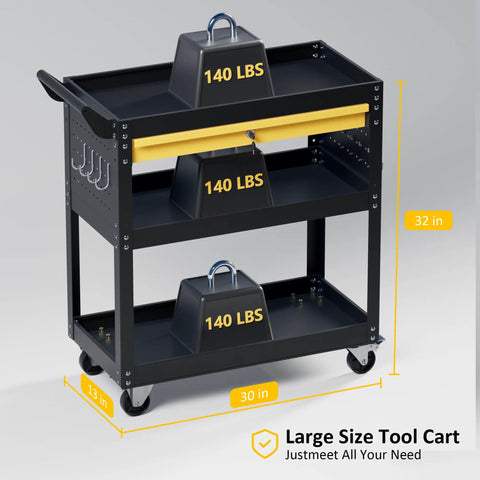 Workhorse Heavy Duty Rolling Tool Cart With Three Tiers And Drawer Plus Pegboard 440 Lb Capacity Steel Utility Cart On Wheels