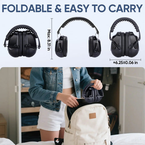 Noise Canceling Ear Muffs for Grownups With 26 dB NRR Adjustable Safety Earmuffs for Construction and Travel folded and packed
