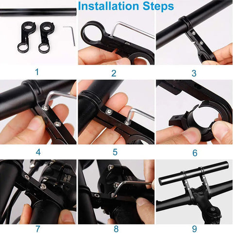 Installation steps for Long 11.8 Inch Aluminum Handlebar Extender For 31.8mm And 25.4mm Bike Bars with extra mount bracket.