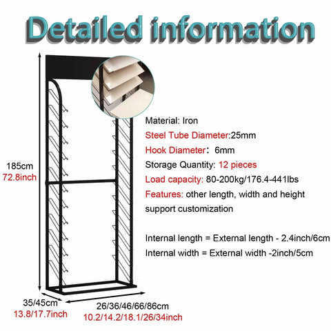 Heavy Duty Floor Tile Display Rack And Sample Organizer Shelf, iron material, 185cm tall, holds 12 tile panels, with 440 lbs capacity.