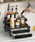 Black 4 Tier Coffee Syrup Rack Organizer with Room for 8 Syrup Bottles and 84 Coffee Pods on Countertop