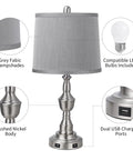 Close-up of Table Lamps For Living Room Set Of 2 With 3-Way Dimmable Touch Control, Dual USB Ports, Gray Fabric Shade, LED Bulbs Included.