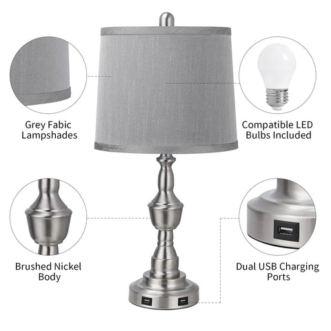 Close-up of Table Lamps For Living Room Set Of 2 With 3-Way Dimmable Touch Control, Dual USB Ports, Gray Fabric Shade, LED Bulbs Included.