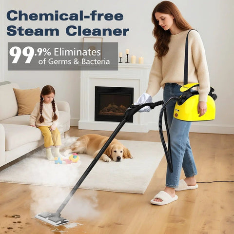 Premium 4.5 Bar High Pressure Handheld Steam Cleaner For Deep Home Cleaning Tasks, used on hardwood floor with steam cleaning action.