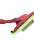 Red deck stain pad with groove tool for even coverage on flat surfaces and between boards, threaded pivoting handle, wrapped edge.