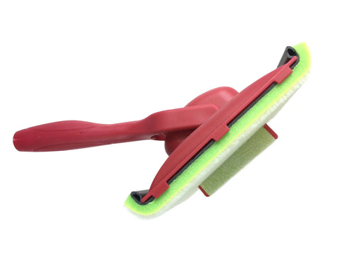 Red deck stain pad with groove tool for even coverage on flat surfaces and between boards, threaded pivoting handle, wrapped edge.