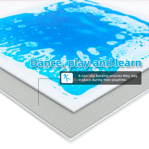 Liquid Sensory Colorful Floor Tiles Pack Of 4 11.8 Inch Square Dance Floor Tiles with blue liquid motion and non-slip backing.
