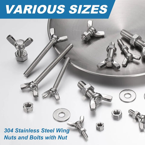 M8 Wing Butterfly Thumb Screws 304 Stainless Steel Bolt Kit with Hex Nuts and Washers Twist by Thumb No Sweat Fix for DIY Electronics Gear, various sizes.