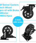4 Inch Caster Wheels Set of 4 Heavy Duty Rubber Plate Casters Load Capacity Up To 1200lbs With Safety Brakes Lockable Swivel