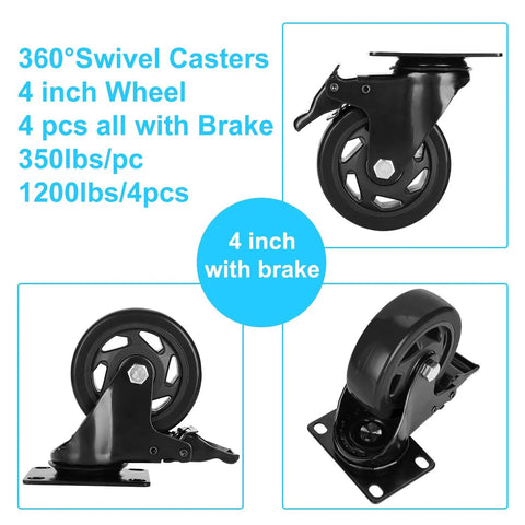 4 Inch Caster Wheels Set of 4 Heavy Duty Rubber Plate Casters Load Capacity Up To 1200lbs With Safety Brakes Lockable Swivel