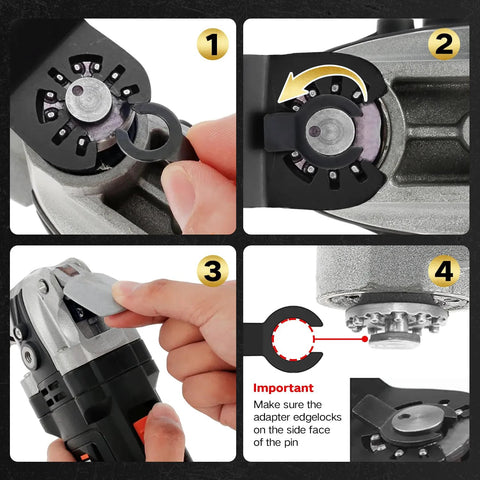 Hiinny 6-piece titanium oscillating tool blade set; front view with blade holder.
Hiinny 6-piece titanium oscillating tool blade set; side view with blades and adapter.
Hiinny 6-piece titanium oscillating tool blade set; close-up of blades and locking ring.
Hiinny 6-piece titanium oscillating tool blade set; installed on multitool with adapter.