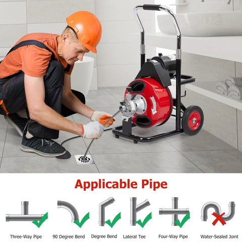 Technician using Heavy Duty Auto Feed Electric Drain Snake That Smashes Through Stubborn Clogs No Sweat With Pro Grade 100 Foot Tangle Free Cable.