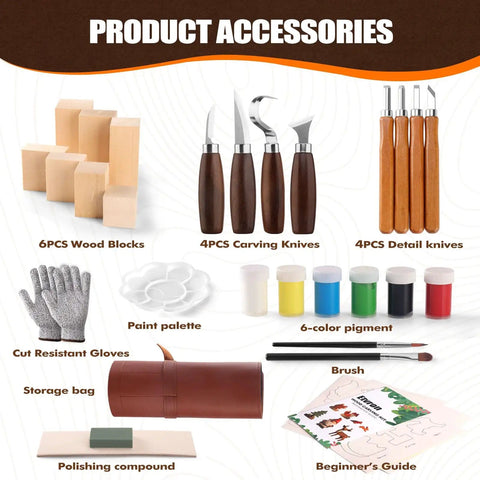 Beginner Wood Carving Kit With Blocks And Tools For Kids And Adults, All In One Whittling Set With 4 Carving Knives, 4 Detailing Tools