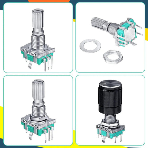 Ultimate 5 Pack EC11 Rotary Encoders with push button, 360 degree turn, 5 pins, knob caps, multiple angles and components shown.