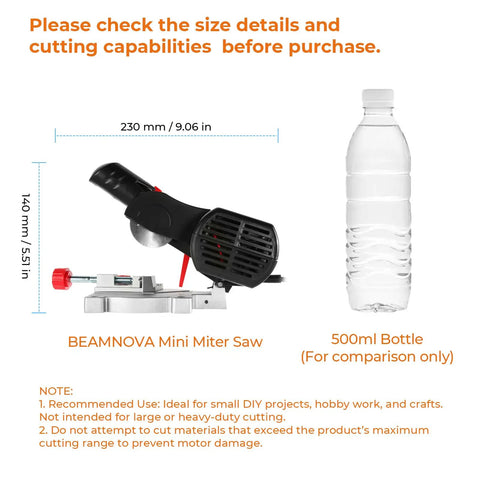Compact Benchtop Miter Saw For Hobbyists And DIY Projects, Portable 9 By 5.5 By 5.3 Inch Chop Saw next to 500ml water bottle for size comparison.