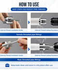 Instructions for using the 4 In 1 Pipe Tapping And Threading Tool Kit For Home Plumbing Repair on female and male threaded fittings.