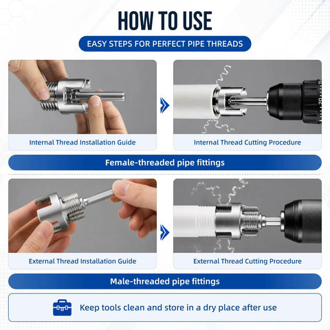 Instructions for using the 4 In 1 Pipe Tapping And Threading Tool Kit For Home Plumbing Repair on female and male threaded fittings.