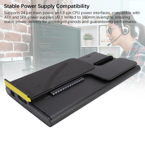 External Graphics Dock With Thunderbolt 5 And Pcie 4.0 X4 Port For Laptop Gaming Rig Featuring Atx Sfx Power Support, black with yellow accents.