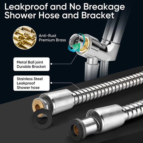 Detail of 9 Function Shower Head With Built In Power Spray And Water Saving 1.8 GPM hose and brass bracket, chrome finish