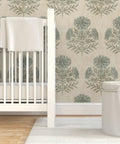 Fresh Blue Floral Removable Wallpaper Featuring A No Sweat Pre Pasted Formula That Glides On Smooth For Renter Friendly Accent Walls And Creative Craft Vibes Durable Top Shelf Home Decor Printed Right Here In The Usa in a nursery setting with crib.