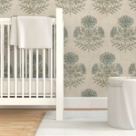 Fresh Blue Floral Removable Wallpaper Featuring A No Sweat Pre Pasted Formula That Glides On Smooth For Renter Friendly Accent Walls And Creative Craft Vibes Durable Top Shelf Home Decor Printed Right Here In The Usa in a nursery setting with crib.