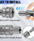 Front and side view of stainless steel 3/8-inch NPT male and female quick-connect hose fittings adapter, 8-piece set