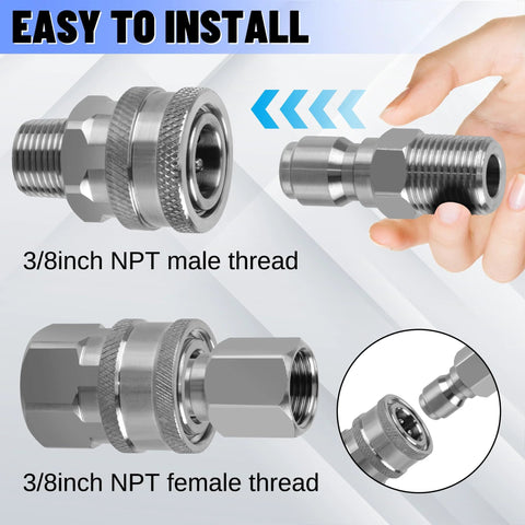 Front and side view of stainless steel 3/8-inch NPT male and female quick-connect hose fittings adapter, 8-piece set