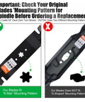Comparison of mower blades showing a 6-star and S-shaped mounting pattern for Beefy 54 Inch Mower Blades Replacement For Cub Cadet 942 0677B RZT54 S54 L54 GT1554 GTX1054 SLT1554 LT1554 LTX1054 SLTX1054 Zero Turn Lawn Tractor Toothed Mulching Blades With 6 Star Mounting Pattern