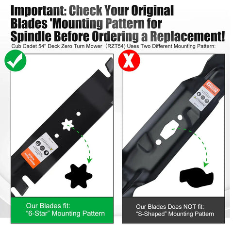 Comparison of mower blades showing a 6-star and S-shaped mounting pattern for Beefy 54 Inch Mower Blades Replacement For Cub Cadet 942 0677B RZT54 S54 L54 GT1554 GTX1054 SLT1554 LT1554 LTX1054 SLTX1054 Zero Turn Lawn Tractor Toothed Mulching Blades With 6 Star Mounting Pattern