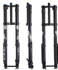 Beefed-Up Downhill Mountain Bike Front Fork with Air Suspension, shown in three angles, fitting 26/27.5/29-inch wheels.